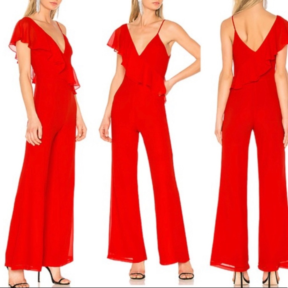 LPA Asymmetric Ruffle Jumpsuit Red M